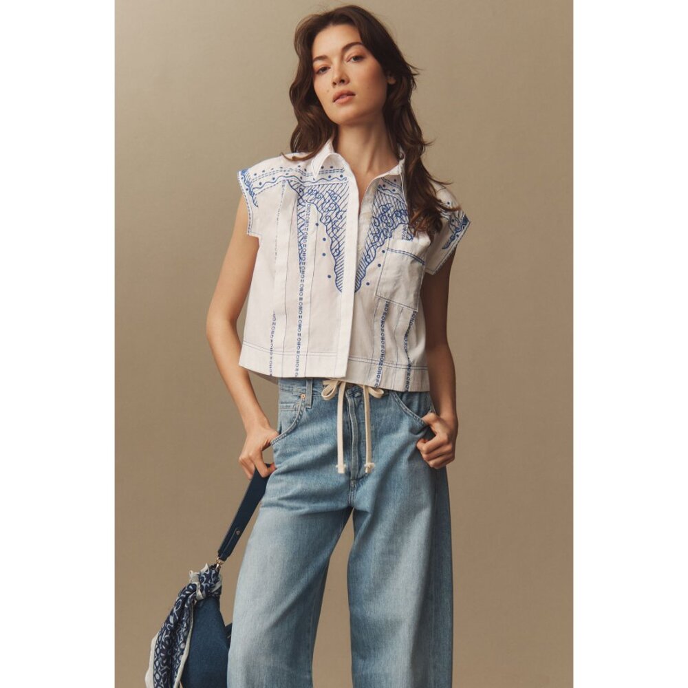 Maeve White Cropped Button-Up Top with Blue Embroidery